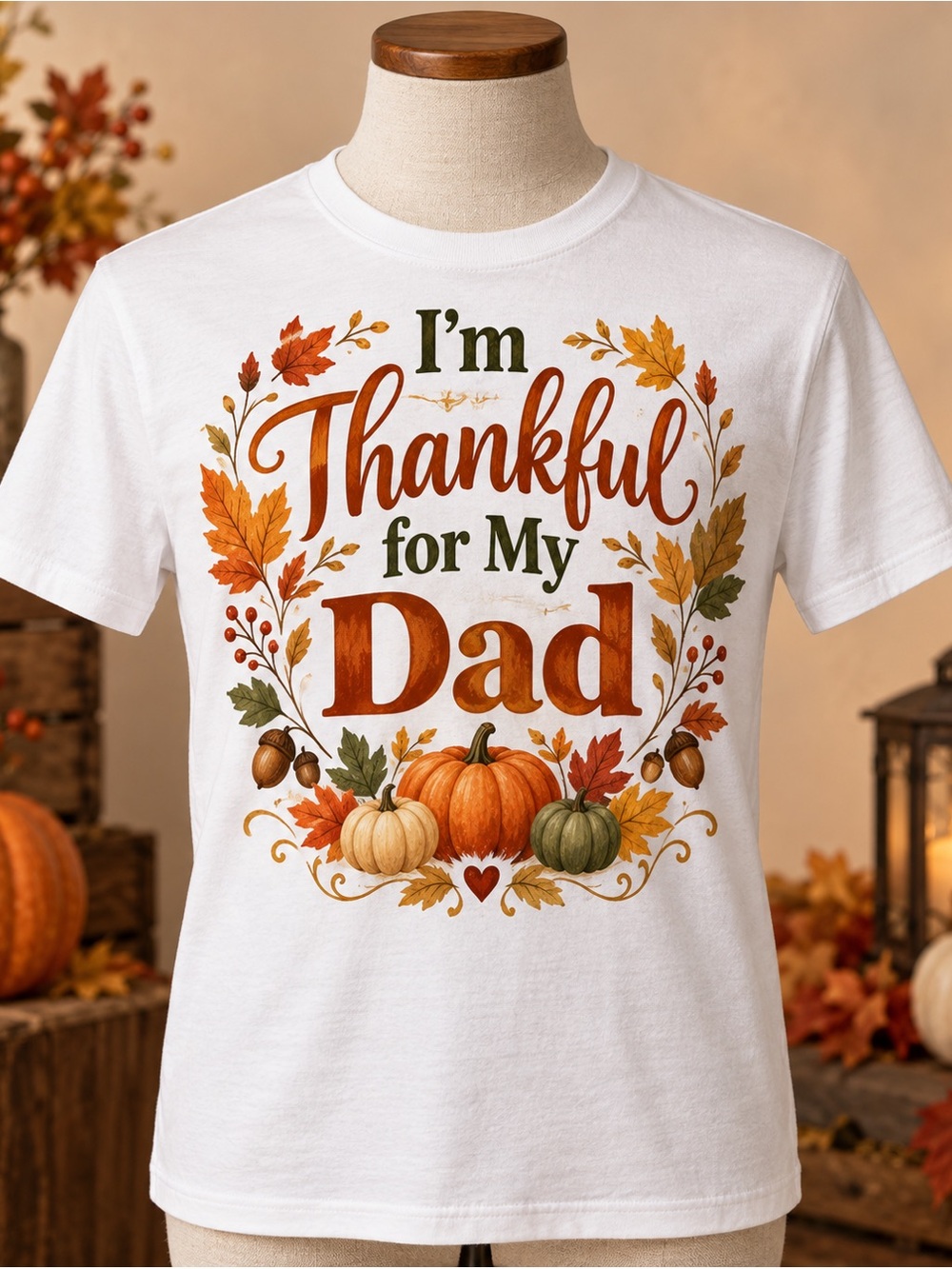 Gildan White Women's Tee with Autumn Pumpkin & Leaf Graphic